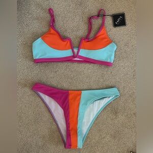 Zaful Colorblock V-Notch Bikini — Turquoise, Orange & Pink